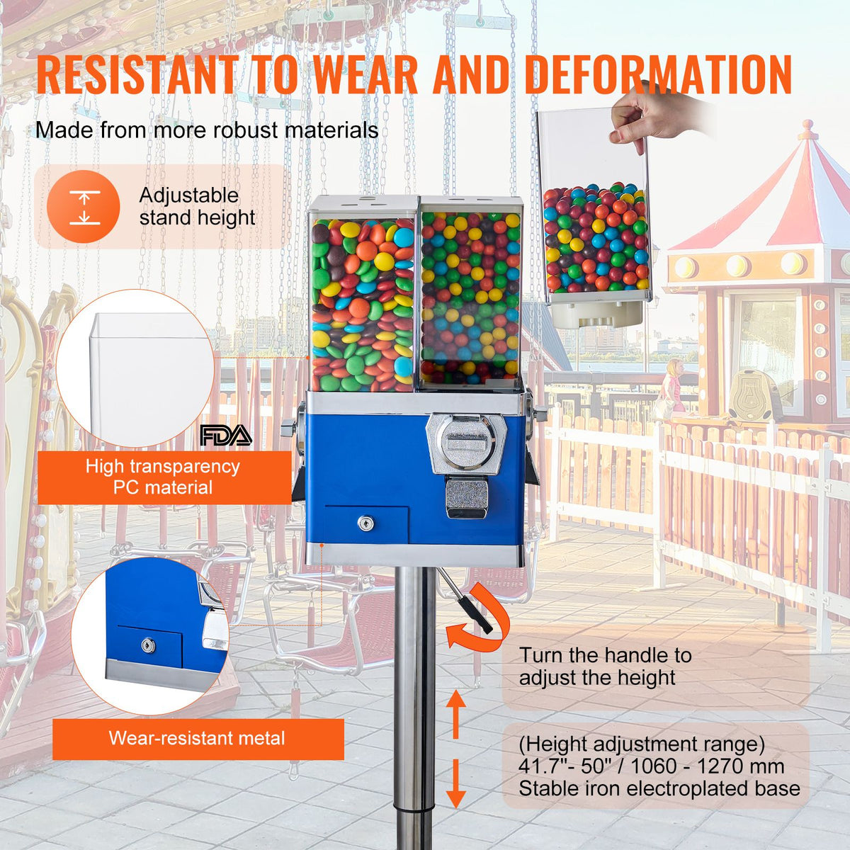 Commercial Vending Machine, Four Compartment Rotatable Gumball and Candy Dispenser, Adjustable Height Coin Operated Candy Bank with Iron Stand, for Business Toy Capsules Bouncy Balls Nut, Blue