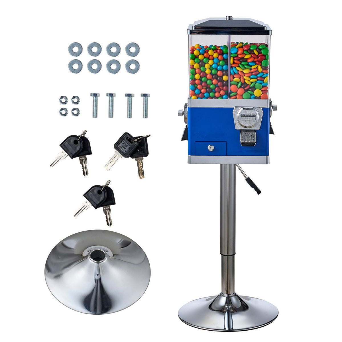 Commercial Vending Machine, Four Compartment Rotatable Gumball and Candy Dispenser, Adjustable Height Coin Operated Candy Bank with Iron Stand, for Business Toy Capsules Bouncy Balls Nut, Blue
