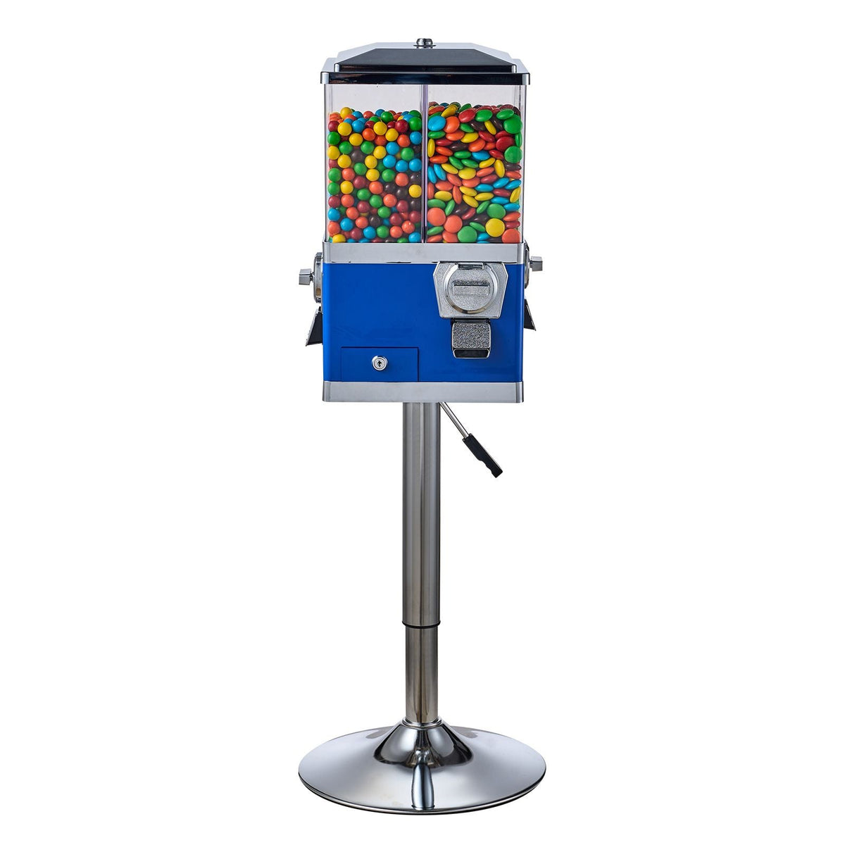 Commercial Vending Machine, Four Compartment Rotatable Gumball and Candy Dispenser, Adjustable Height Coin Operated Candy Bank with Iron Stand, for Business Toy Capsules Bouncy Balls Nut, Blue