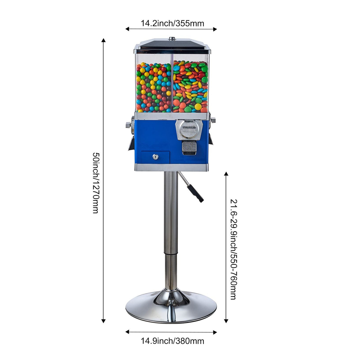 Commercial Vending Machine, Four Compartment Rotatable Gumball and Candy Dispenser, Adjustable Height Coin Operated Candy Bank with Iron Stand, for Business Toy Capsules Bouncy Balls Nut, Blue