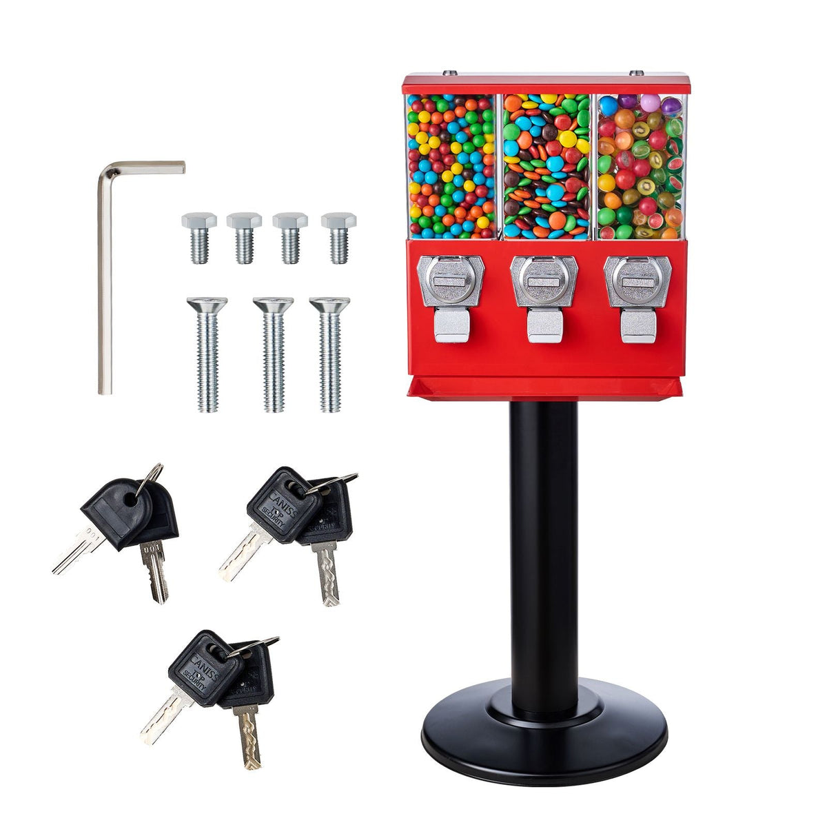 Commercial Vending Machine, Triple Compartment Candy Dispenser with Iron Stand, Gumball and Candy Machine for Business, Coin Operated Gumball Bank for Toy Capsules Bouncy Balls Candy Nut, Red
