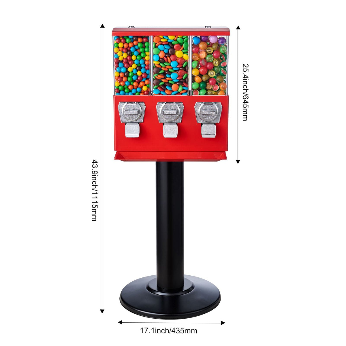 Commercial Vending Machine, Triple Compartment Candy Dispenser with Iron Stand, Gumball and Candy Machine for Business, Coin Operated Gumball Bank for Toy Capsules Bouncy Balls Candy Nut, Red