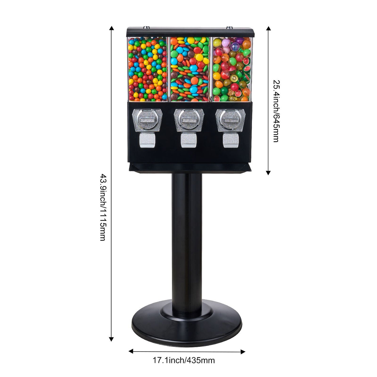 Commercial Vending Machine, Triple Compartment Candy Dispenser with Iron Stand, Gumball and Candy Machine for Business, Coin Operated Gumball Bank for Toy Capsules Bouncy Balls Candy Nut, Black