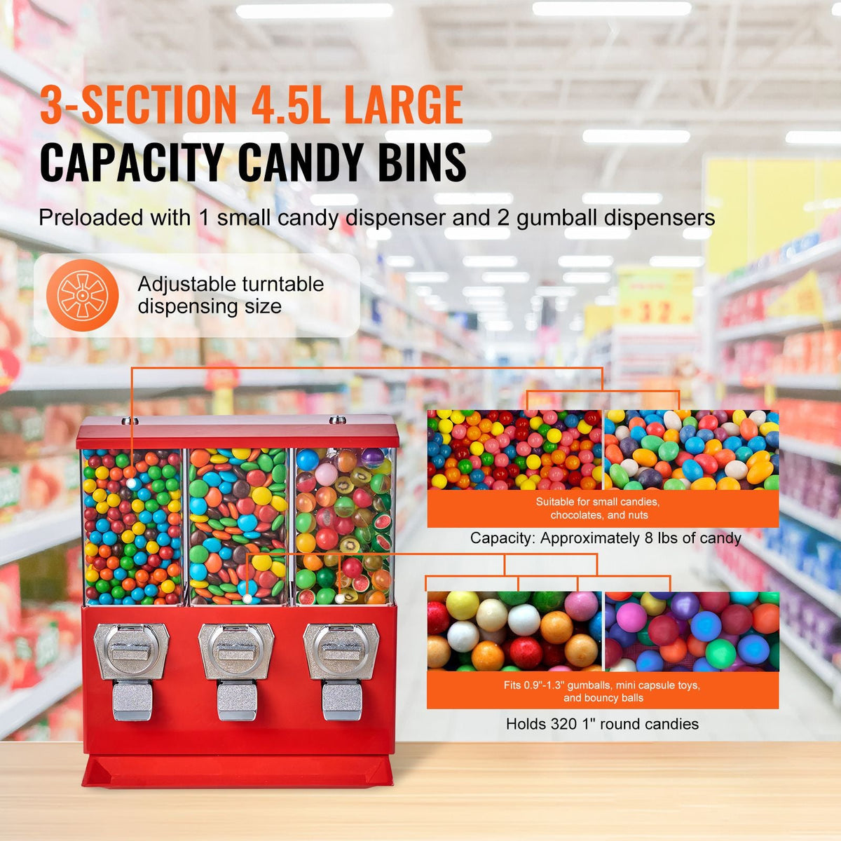 Commercial Vending Machine, Triple Compartment Candy Dispenser with Iron Stand, Gumball and Candy Machine for Business, Coin Operated Gumball Bank for Toy Capsules Bouncy Balls Candy Nut, Red
