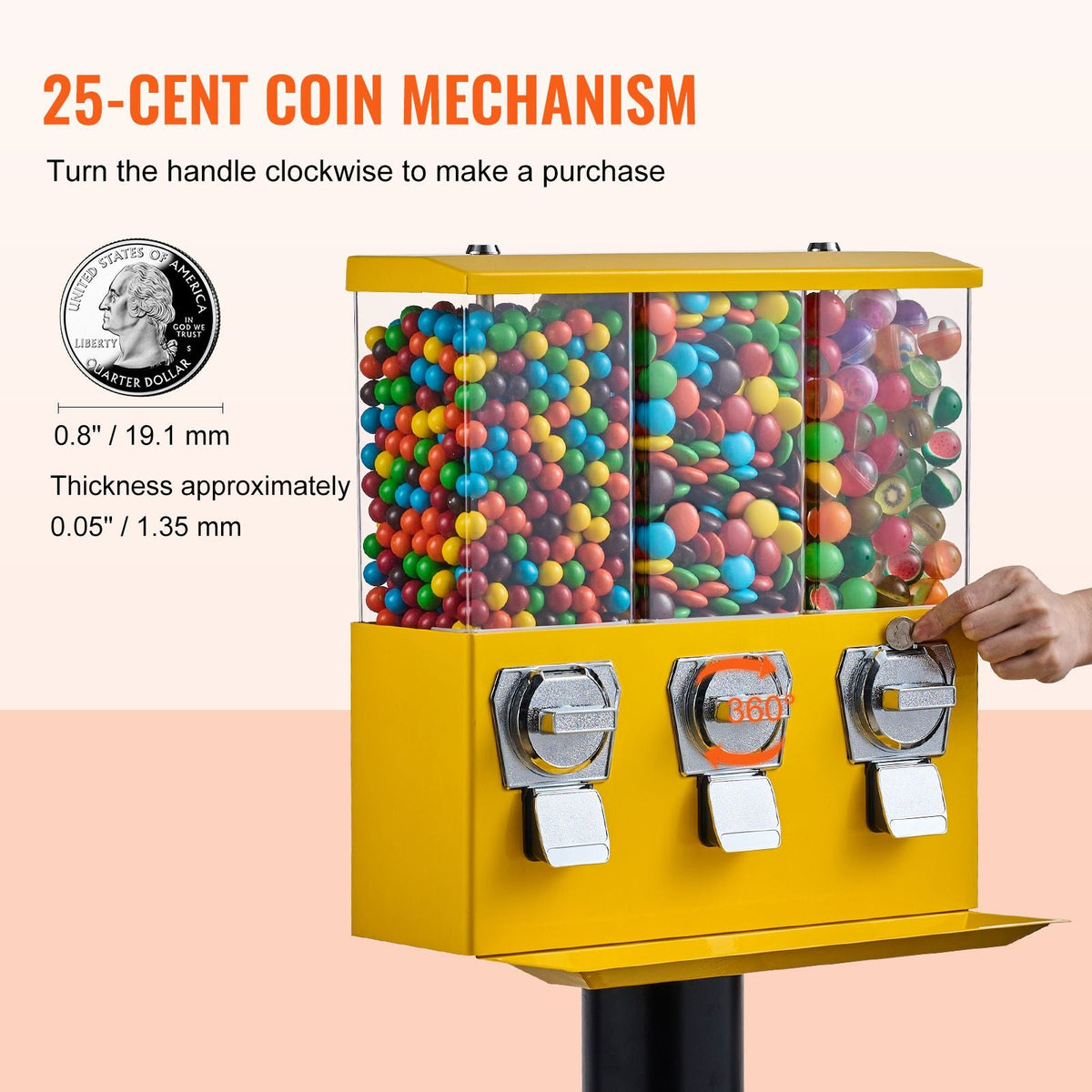 Commercial Vending Machine, Triple Compartment Candy Dispenser with Iron Stand, Gumball and Candy Machine for Business, Coin Operated Gumball Bank for Toy Capsules Bouncy Balls Candy Nut, Yellow