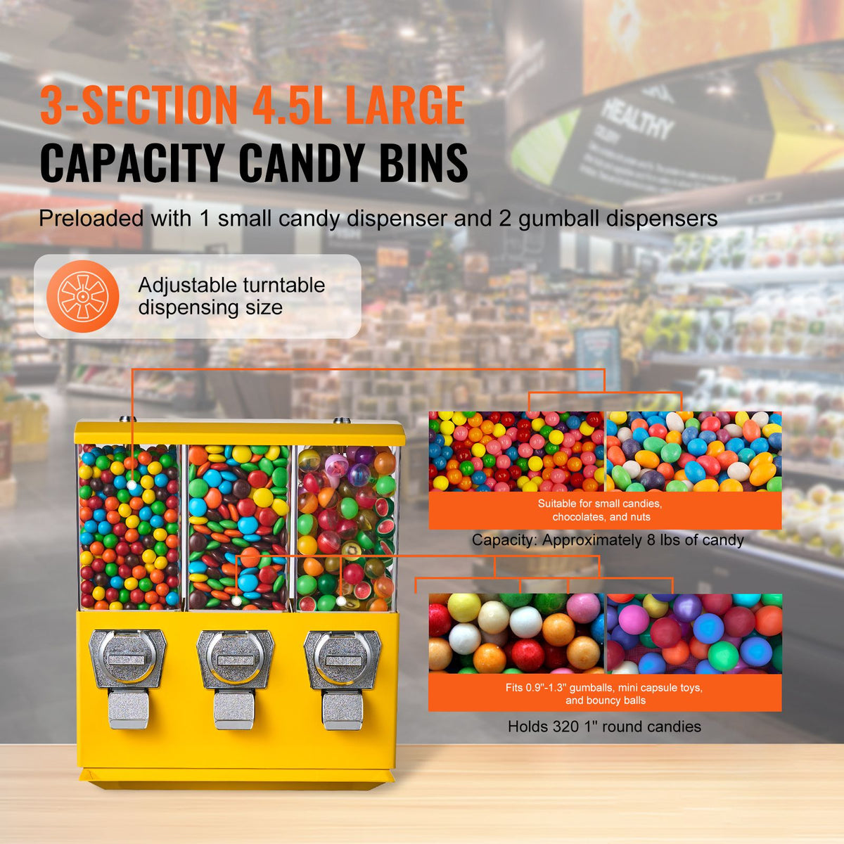 Commercial Vending Machine, Triple Compartment Candy Dispenser with Iron Stand, Gumball and Candy Machine for Business, Coin Operated Gumball Bank for Toy Capsules Bouncy Balls Candy Nut, Yellow