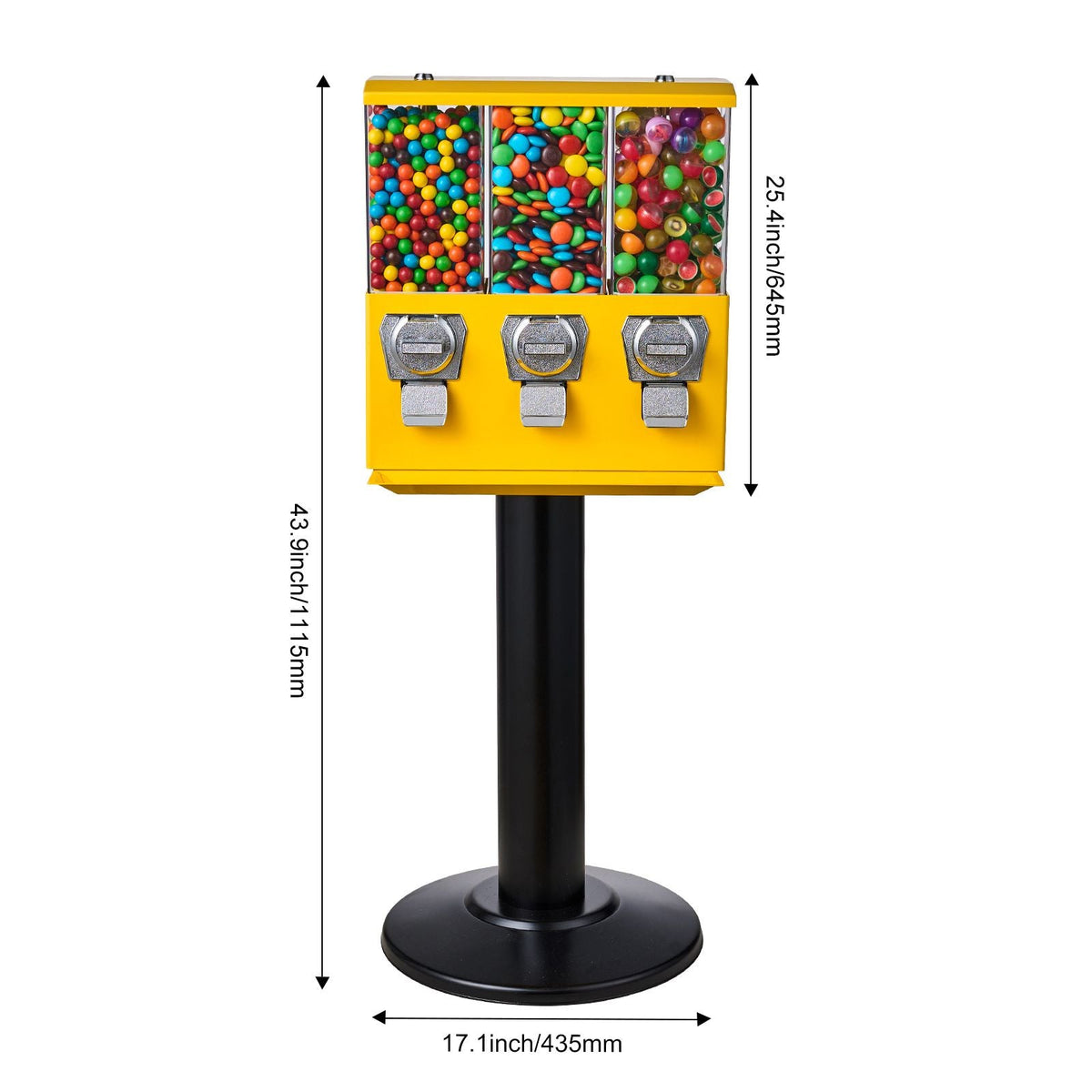 Commercial Vending Machine, Triple Compartment Candy Dispenser with Iron Stand, Gumball and Candy Machine for Business, Coin Operated Gumball Bank for Toy Capsules Bouncy Balls Candy Nut, Yellow