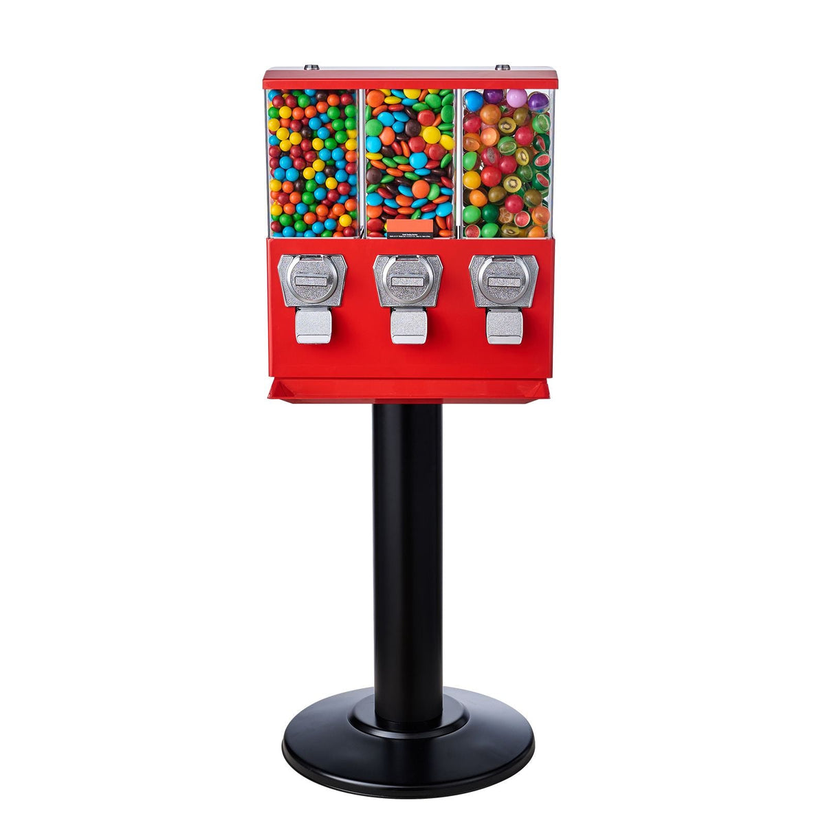 Commercial Vending Machine, Triple Compartment Candy Dispenser with Iron Stand, Gumball and Candy Machine for Business, Coin Operated Gumball Bank for Toy Capsules Bouncy Balls Candy Nut, Red