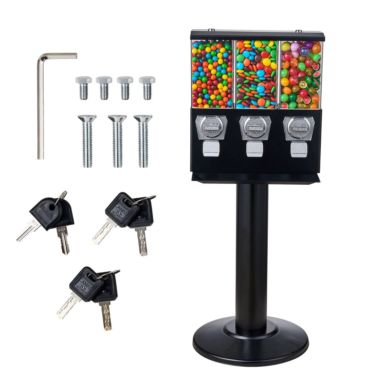 Commercial Vending Machine, Triple Compartment Candy Dispenser with Iron Stand, Gumball and Candy Machine for Business, Coin Operated Gumball Bank for Toy Capsules Bouncy Balls Candy Nut, Black
