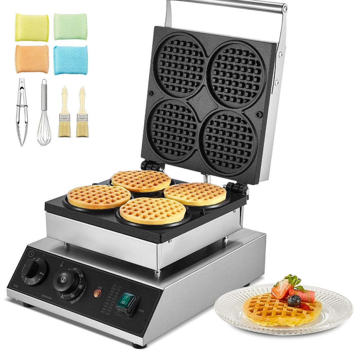 Commercial Waffle Maker, 4PCS Round Waffle Baker Machine,1750W Non-Stick Stainless Steel Belgian Waffle Iron with Temperature and Time Control, for Restaurant Bakery Snack Bar Family