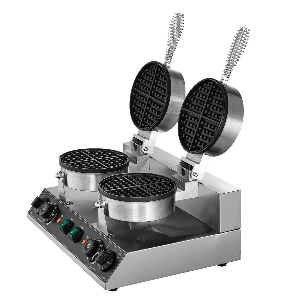 Commercial Waffle Maker, Dual-Head Round Waffle Baker Machine, 2460W Non-Stick Stainless Steel Belgian Waffle Iron with Temp and Time Control, Handle, for Restaurant Bakery Snack Bar Family