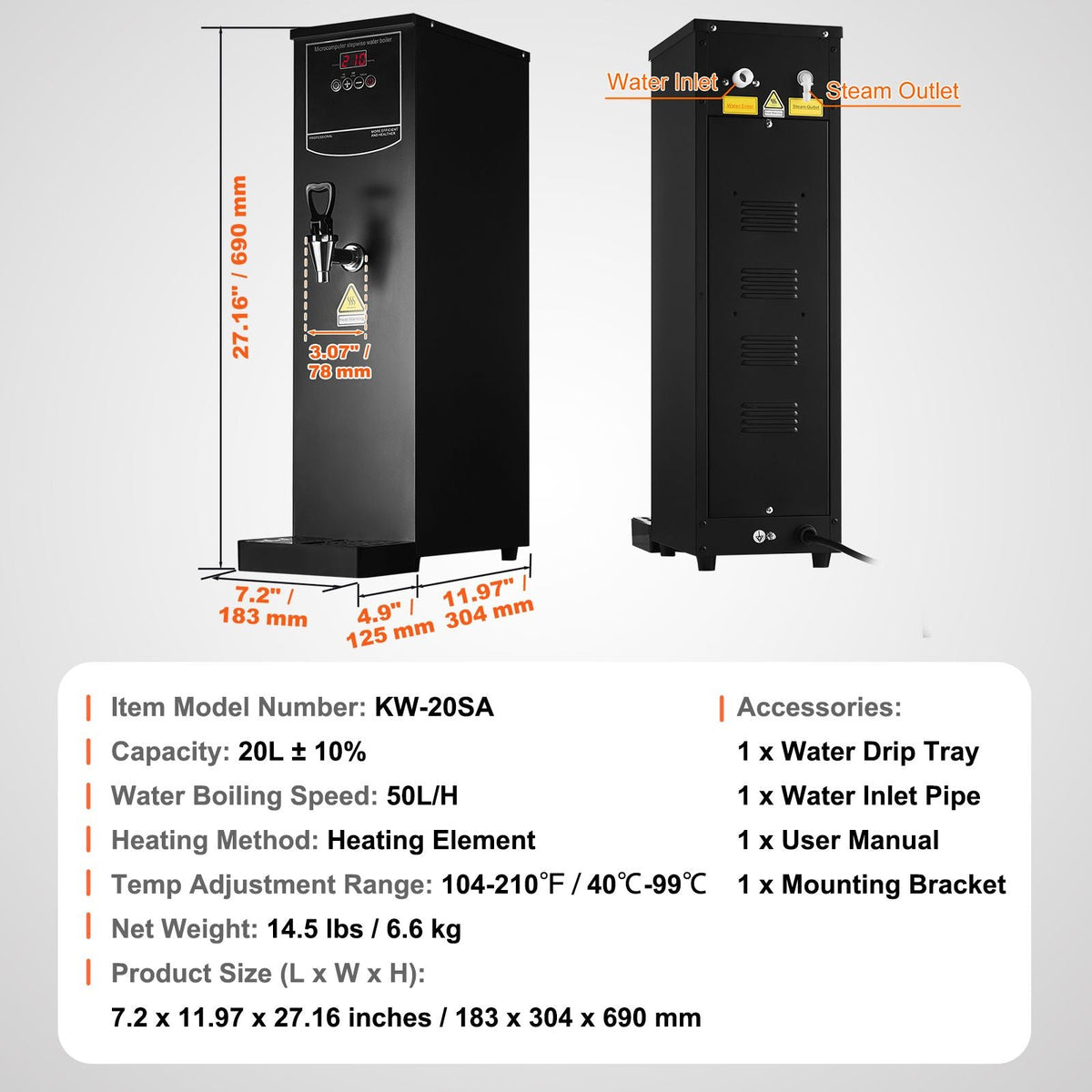 Commercial Water Boiler, Electric Hot Water Dispenser with 316 Stainless Steel Heating Tube, 1500W Step-by-step Fast Heating 50L per Hour Hot Water Boiler, for Coffee Tea Restaurant Office