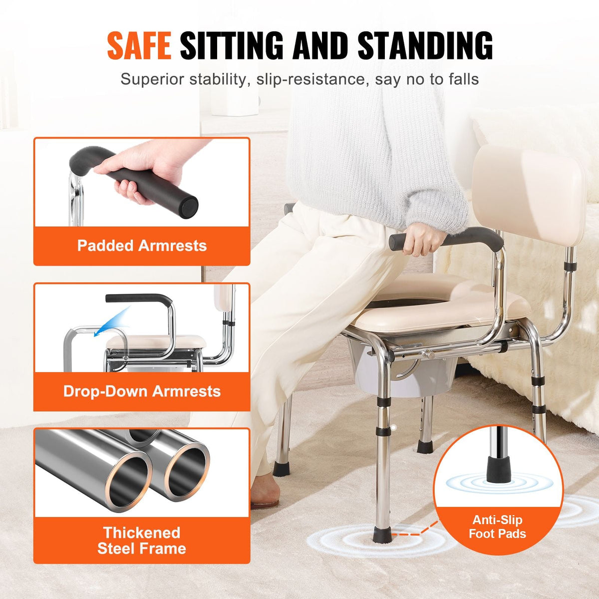 Commode Chair, Bedside Commode with Padded Seat, Drop-Down Arms, 7-Level Adjustable Height, 5.8L Removable Bucket, Easy to Assemble, 350LBS Capacity, Portable Toilet for Adults Seniors