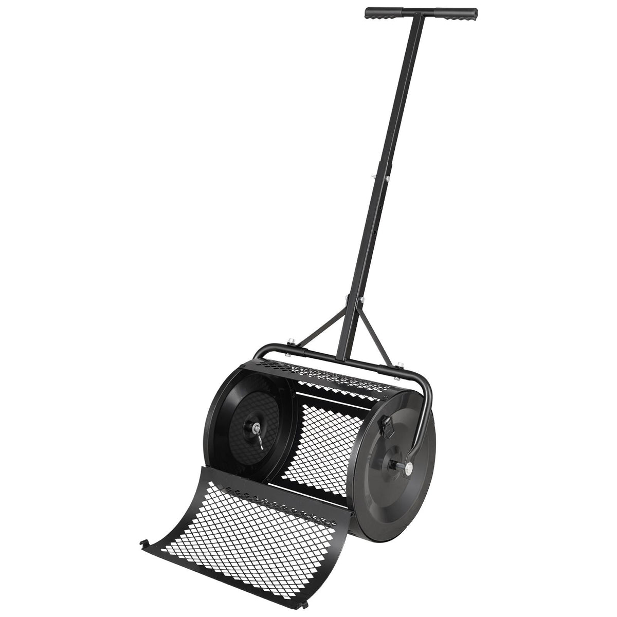 Compost Spreader, 16.5" Wide Peat Moss Spreader with T Shaped Handle, 3 Heights Adjustable, Powder-Coated Steel Garden Peat Moss Roller, Heavy Duty Grass Seed Roller for Planting Seeding, Black
