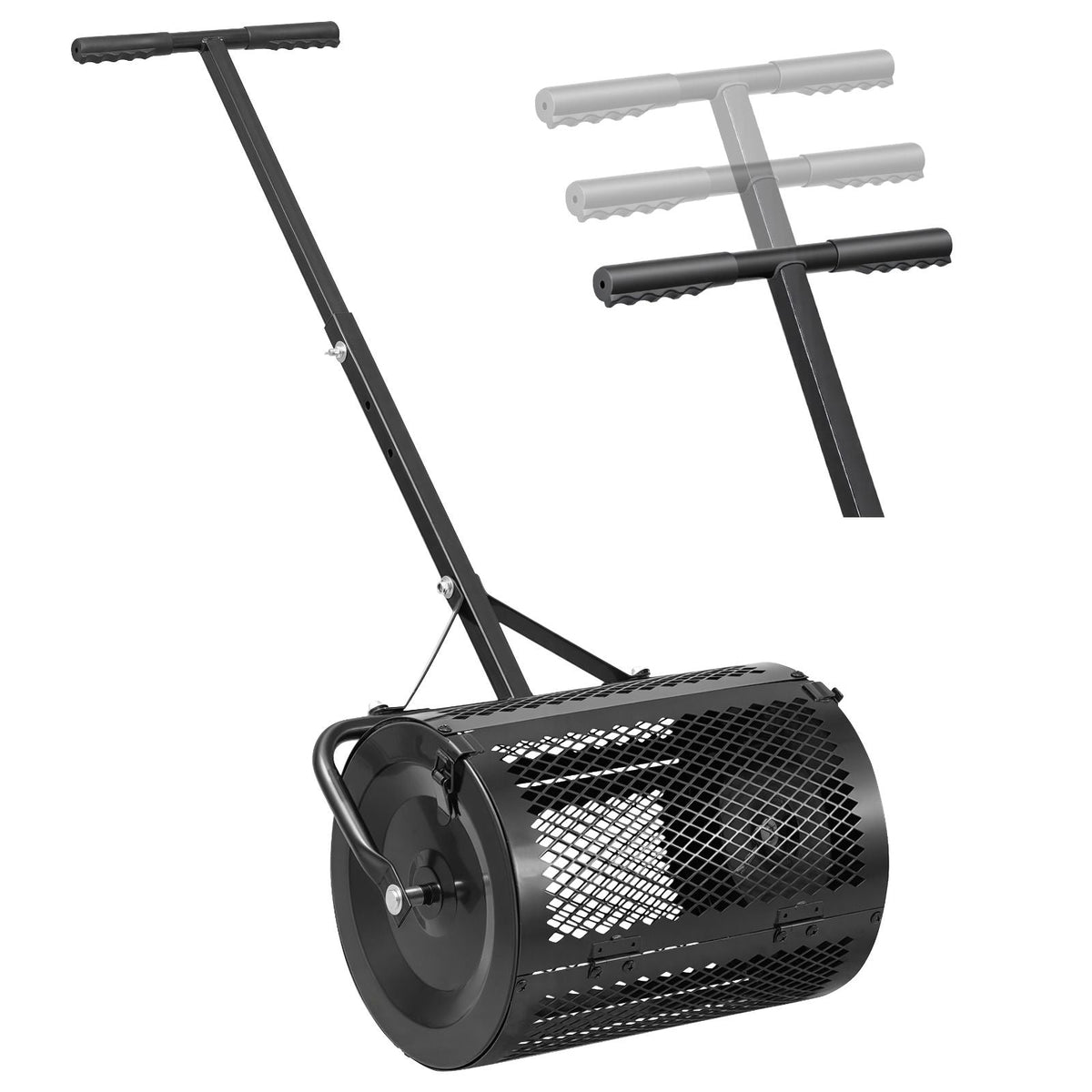Compost Spreader, 16.5" Wide Peat Moss Spreader with T Shaped Handle, 3 Heights Adjustable, Powder-Coated Steel Garden Peat Moss Roller, Heavy Duty Grass Seed Roller for Planting Seeding, Black