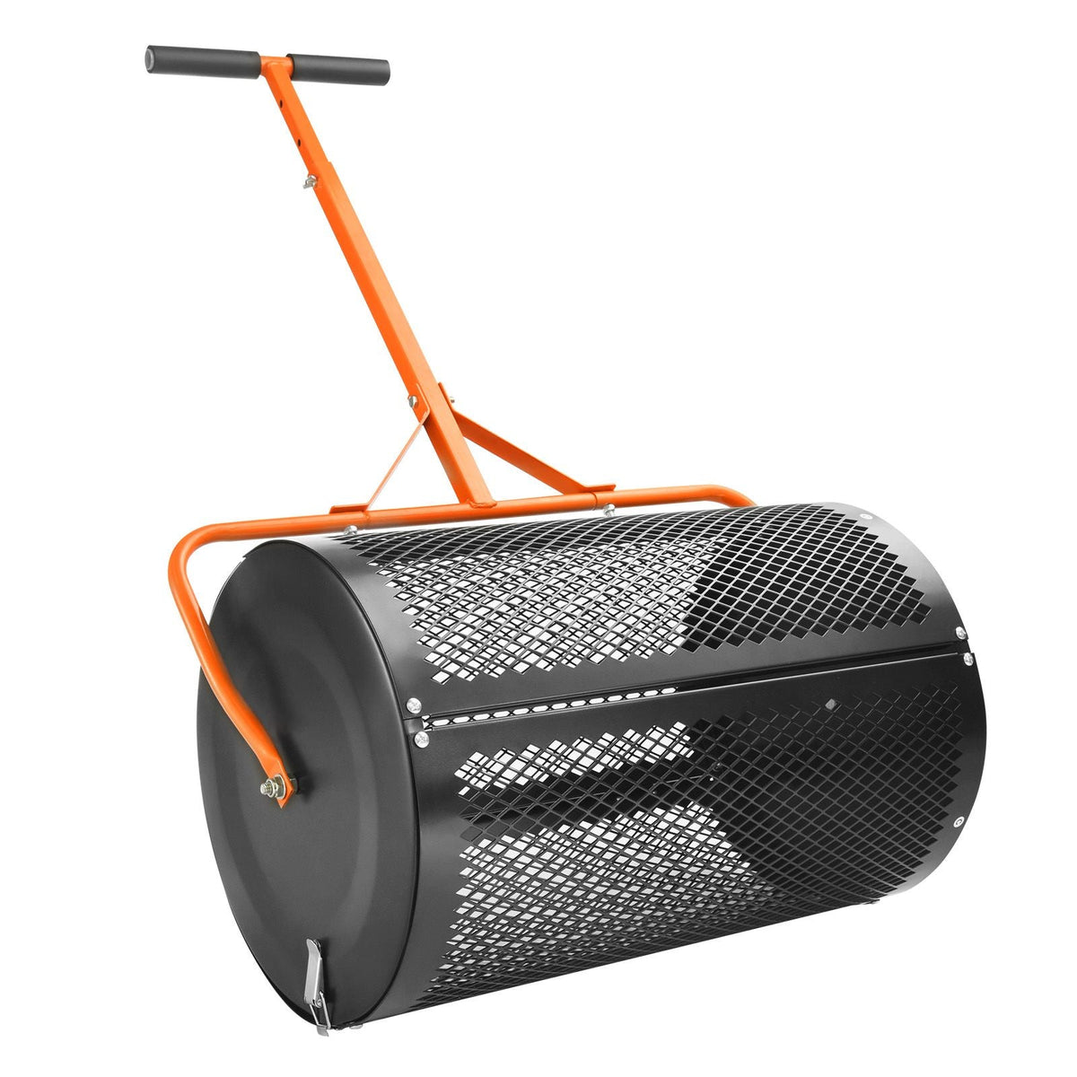 Compost Spreader and Peat Moss Spreader, 24" Roller Lawn Spreader with Height Adjustable T Shaped Handle, Steel Mesh Basket Garden Spreader with Side Latches, for Spreading Manure Topsoil, Black