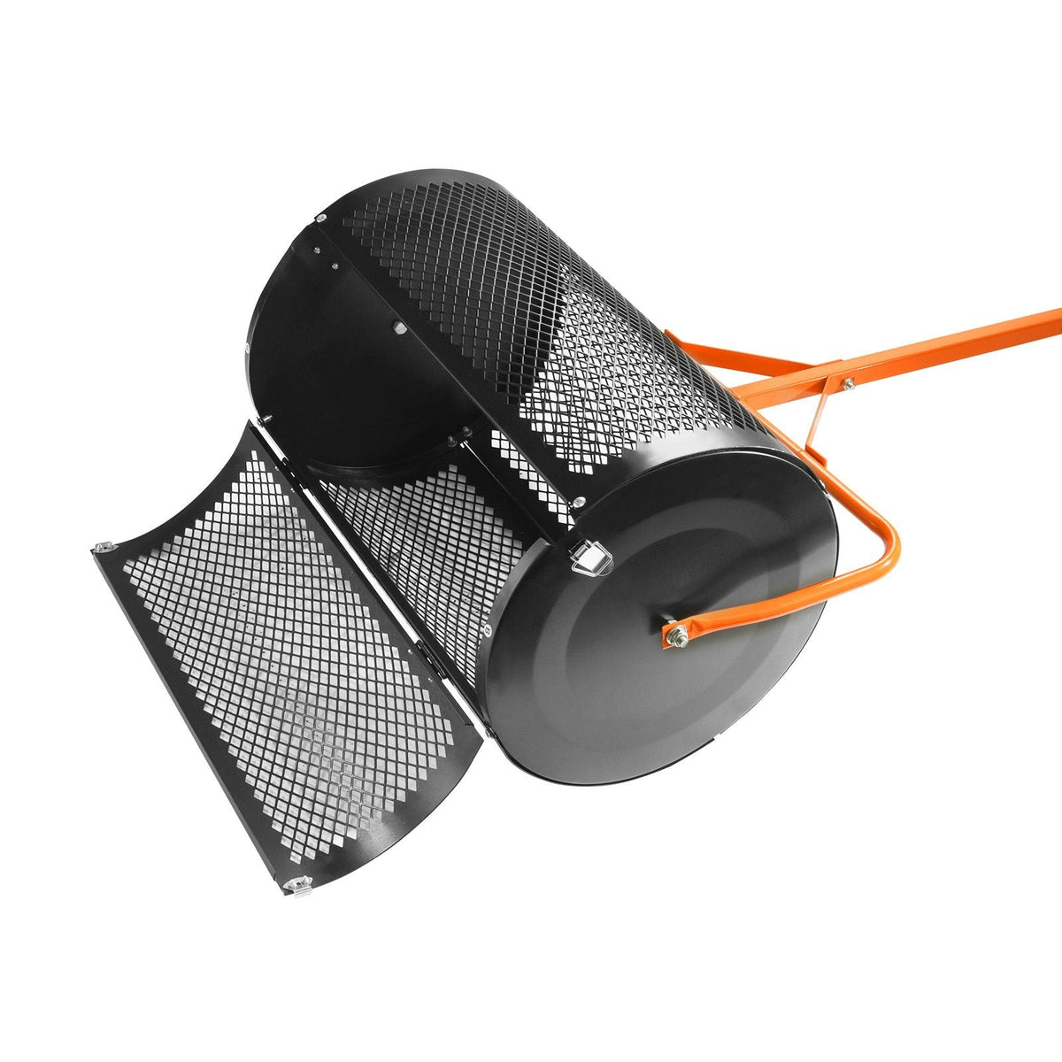 Compost Spreader and Peat Moss Spreader, 24" Roller Lawn Spreader with Height Adjustable T Shaped Handle, Steel Mesh Basket Garden Spreader with Side Latches, for Spreading Manure Topsoil, Black