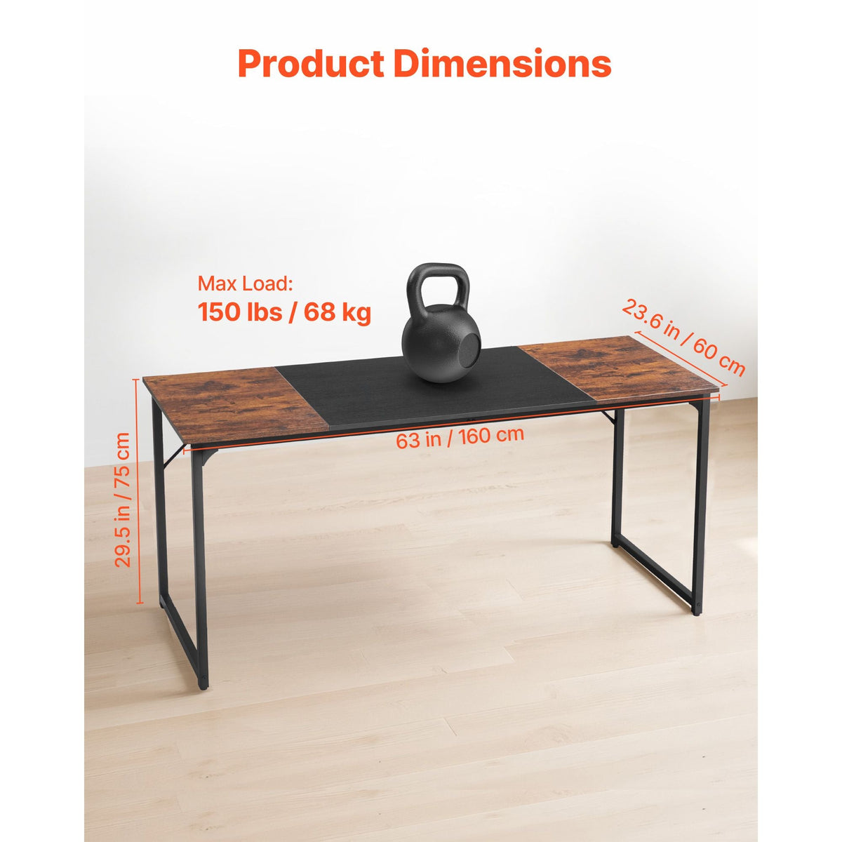 Computer Desk, 63 Inch Office Gaming Desk for Home Office, Writing Study Work Modern Simple Table with Metal Frame for Large Legroom, Rustic Brown and Black
