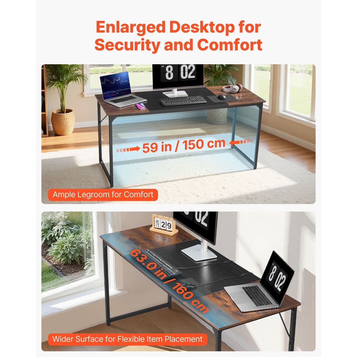 Computer Desk, 63 Inch Office Gaming Desk for Home Office, Writing Study Work Modern Simple Table with Metal Frame for Large Legroom, Rustic Brown and Black