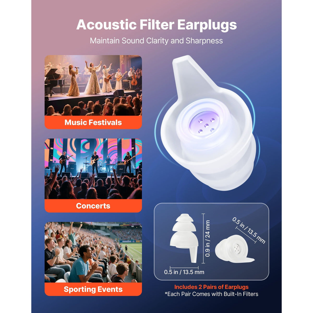 Concert Ear Plugs, 2 Pairs Reusable High Fidelity Musician Ear Plugs, SNR 27 dB High Noise Reduction Earplugs, Flexible Silicone Soft Music Ear Plugs, for Concerts, Festivals, Raves, Musicians