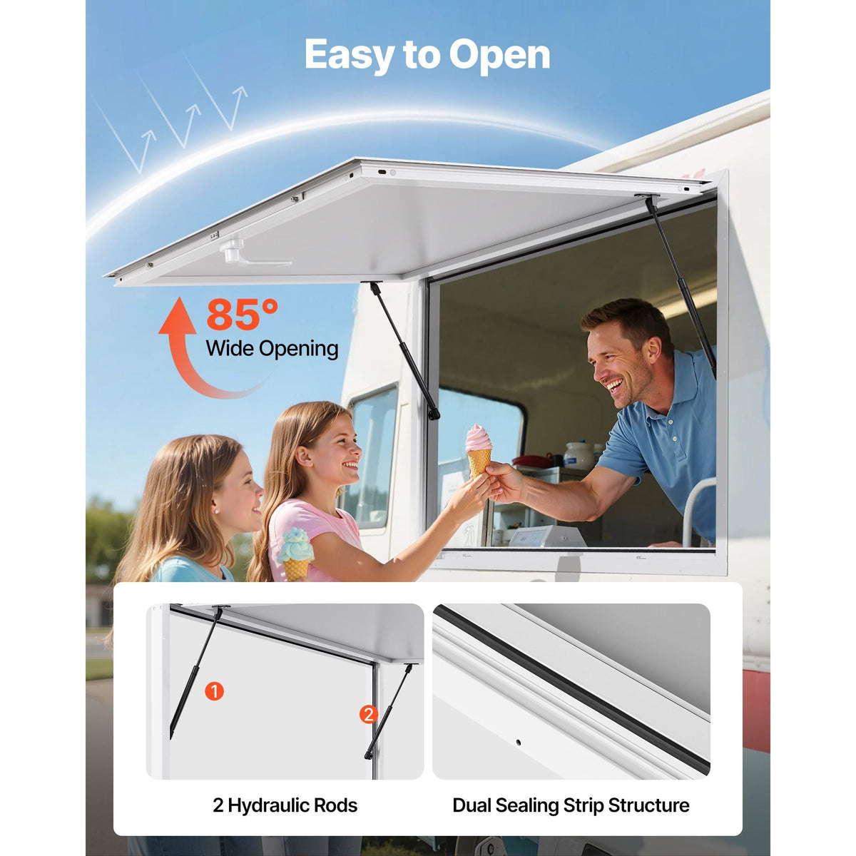 Concession Window 74x40 in, Aluminum Alloy Frame Service Window for Food Truck, Up to 85 Degrees Stand Serving Window with Awning Door and Drag Hook, Rainwater Resistant for Concession Trailers