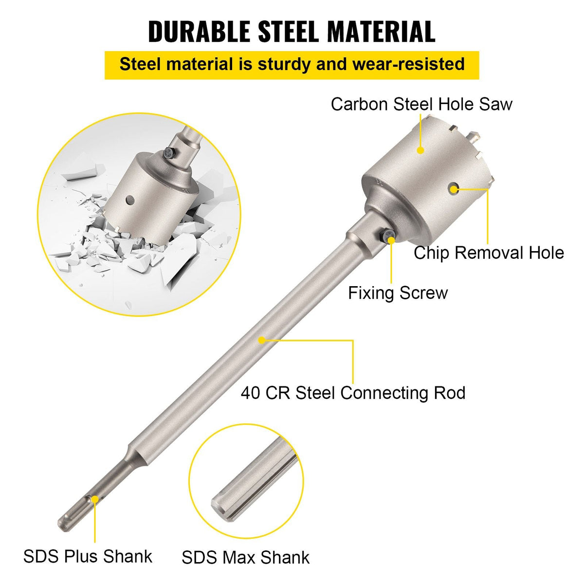 Concrete Hole Saw Kit, 1-2/11\", 1-3/5\", 2-9/16\", 3-5/32\", 3-15/16\" Drill Bit Set SDS Plus & SDS MAX Shank Wall Hole Cutter with a 4-1/3\" Connecting Rod for Concrete, Cement, Stone Wall, Ma