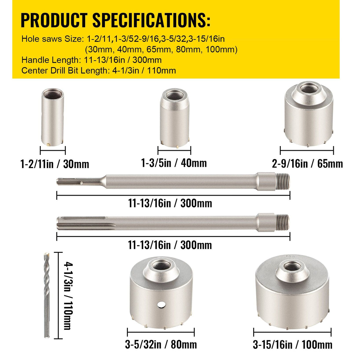 Concrete Hole Saw Kit, 1-2/11\", 1-3/5\", 2-9/16\", 3-5/32\", 3-15/16\" Drill Bit Set SDS Plus & SDS MAX Shank Wall Hole Cutter with a 4-1/3\" Connecting Rod for Concrete, Cement, Stone Wall, Ma