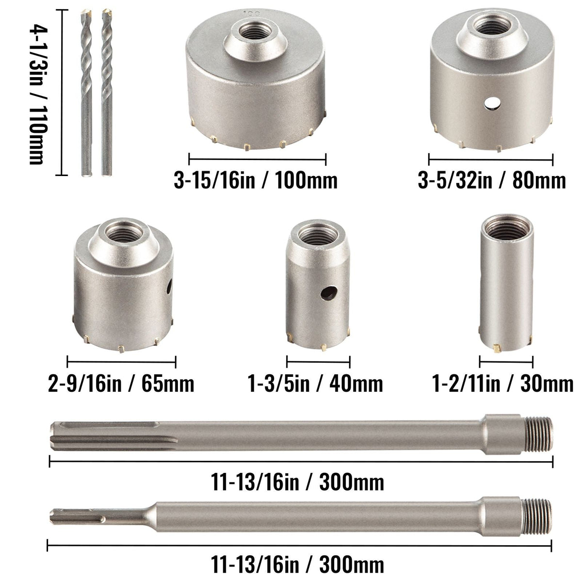 Concrete Hole Saw Kit, 1-2/11\", 1-3/5\", 2-9/16\", 3-5/32\", 3-15/16\" Drill Bit Set SDS Plus & SDS MAX Shank Wall Hole Cutter with a 4-1/3\" Connecting Rod for Concrete, Cement, Stone Wall, Ma