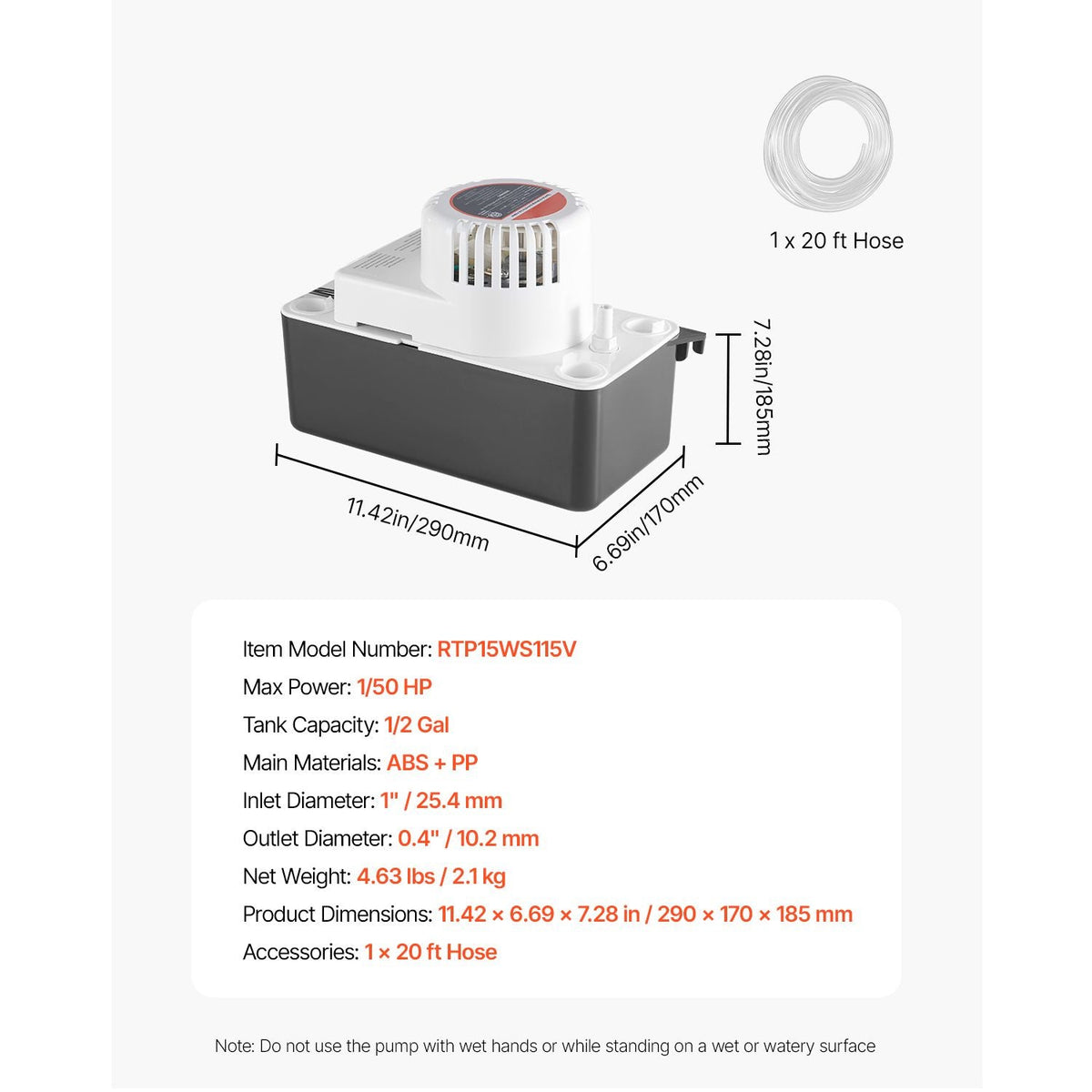 Condensate Removal Pump, 1/50 HP, 65 GPH, 15 ft Lift, 1/2 Gal Tank Automatic AC Condensation Pump with Float Switch & 20 ft Hose for Air Conditioner, Dehumidifier, Furnace, Ice Maker Water Drain