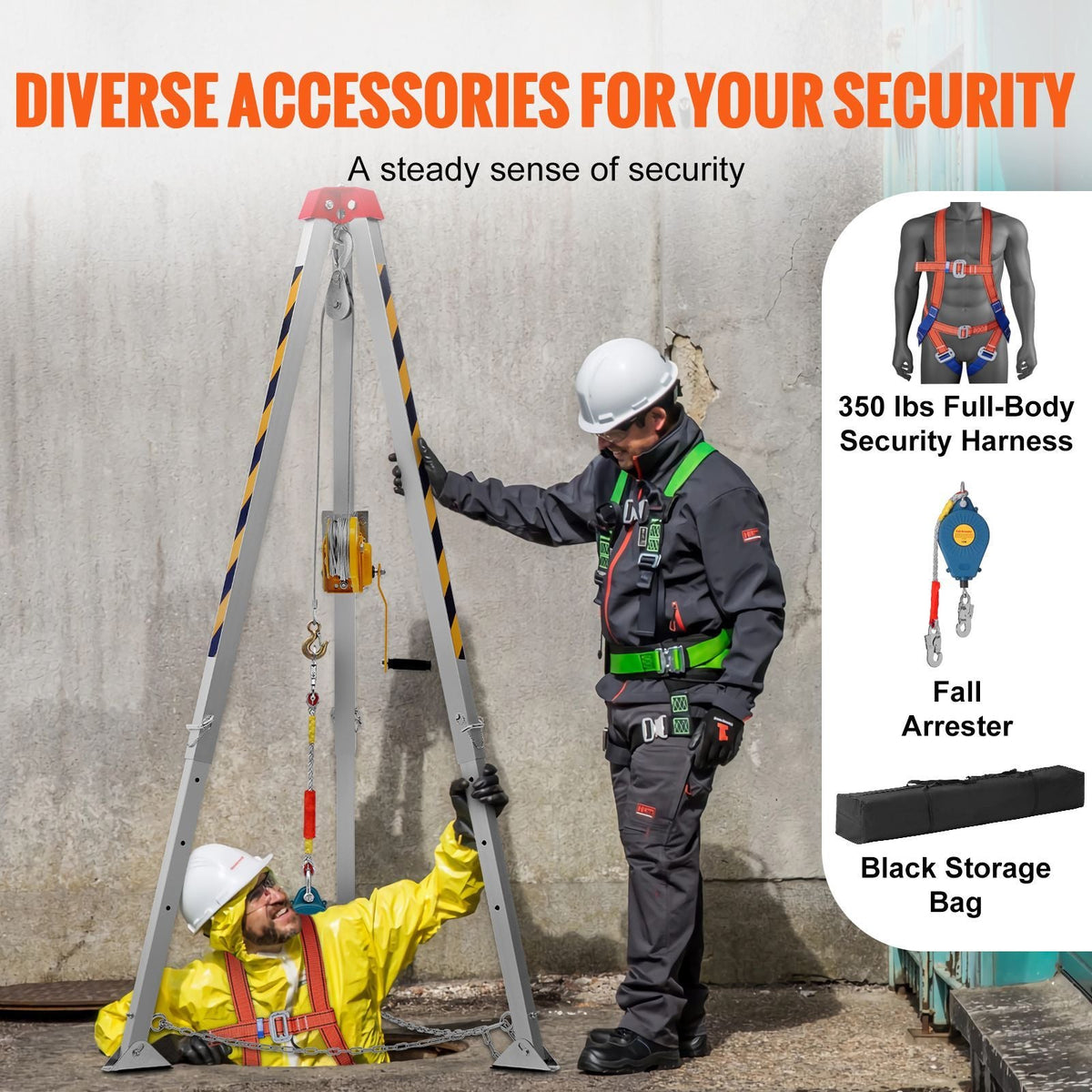 Confined Space Tripod Kit, Confined Space Tripod 7' Legs and 98' Cable, Confined Space Rescue Tripod 32.8' Fall Protection, 1200 lbs Winch, Harness, Storage Bag