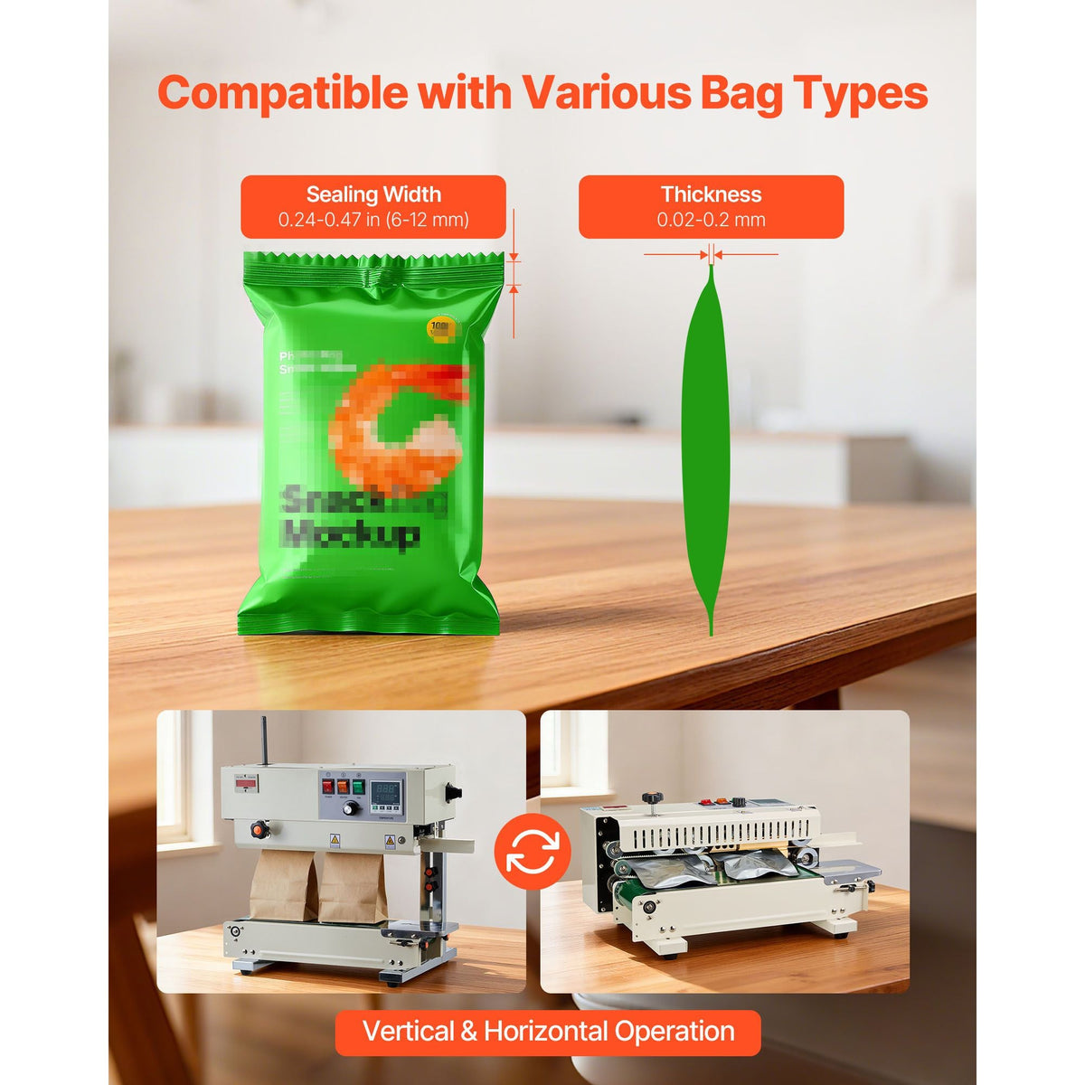 Continuous Bag Band Sealing Machine, 0.24-0.47 in Seal Width, Vertical Band Sealer Machine with Roller Printing , Temp & Speed Adjustable, Heat Sealing Machine for 0.001-0.03 in Plastic Bags