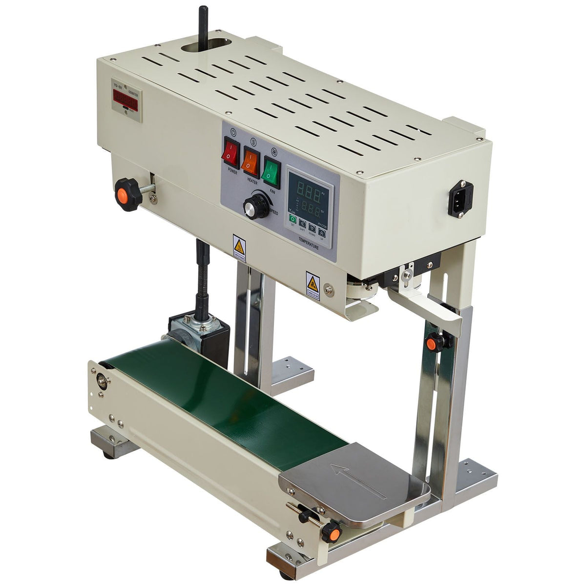 Continuous Bag Band Sealing Machine, 0.24-0.47 in Seal Width, Vertical Band Sealer Machine with Roller Printing , Temp & Speed Adjustable, Heat Sealing Machine for 0.001-0.03 in Plastic Bags
