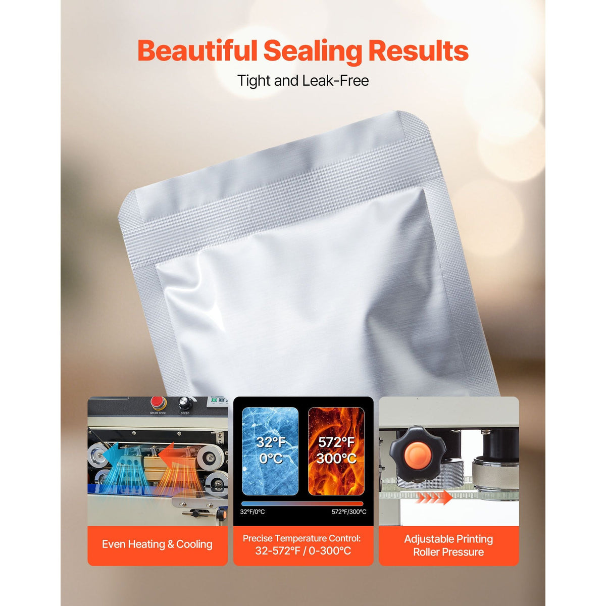 Continuous Bag Band Sealing Machine, 0.24-0.47 in Seal Width, Vertical Band Sealer Machine with Roller Printing , Temp & Speed Adjustable, Heat Sealing Machine for 0.001-0.03 in Plastic Bags
