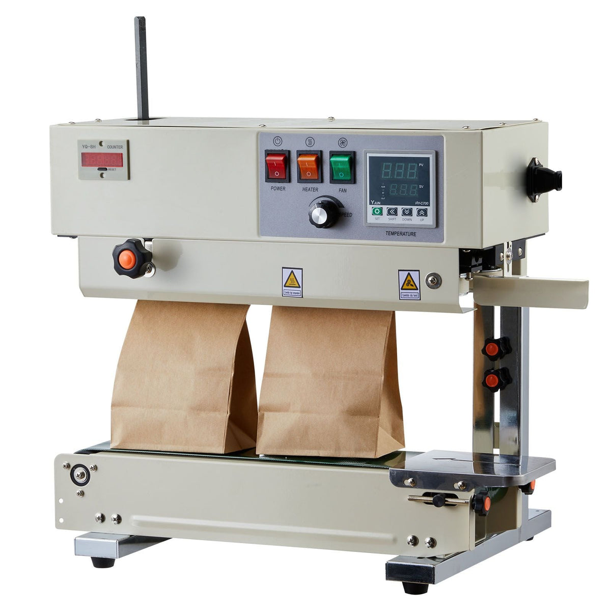 Continuous Bag Band Sealing Machine, 0.24-0.47 in Seal Width, Vertical Band Sealer Machine with Roller Printing , Temp & Speed Adjustable, Heat Sealing Machine for 0.001-0.03 in Plastic Bags
