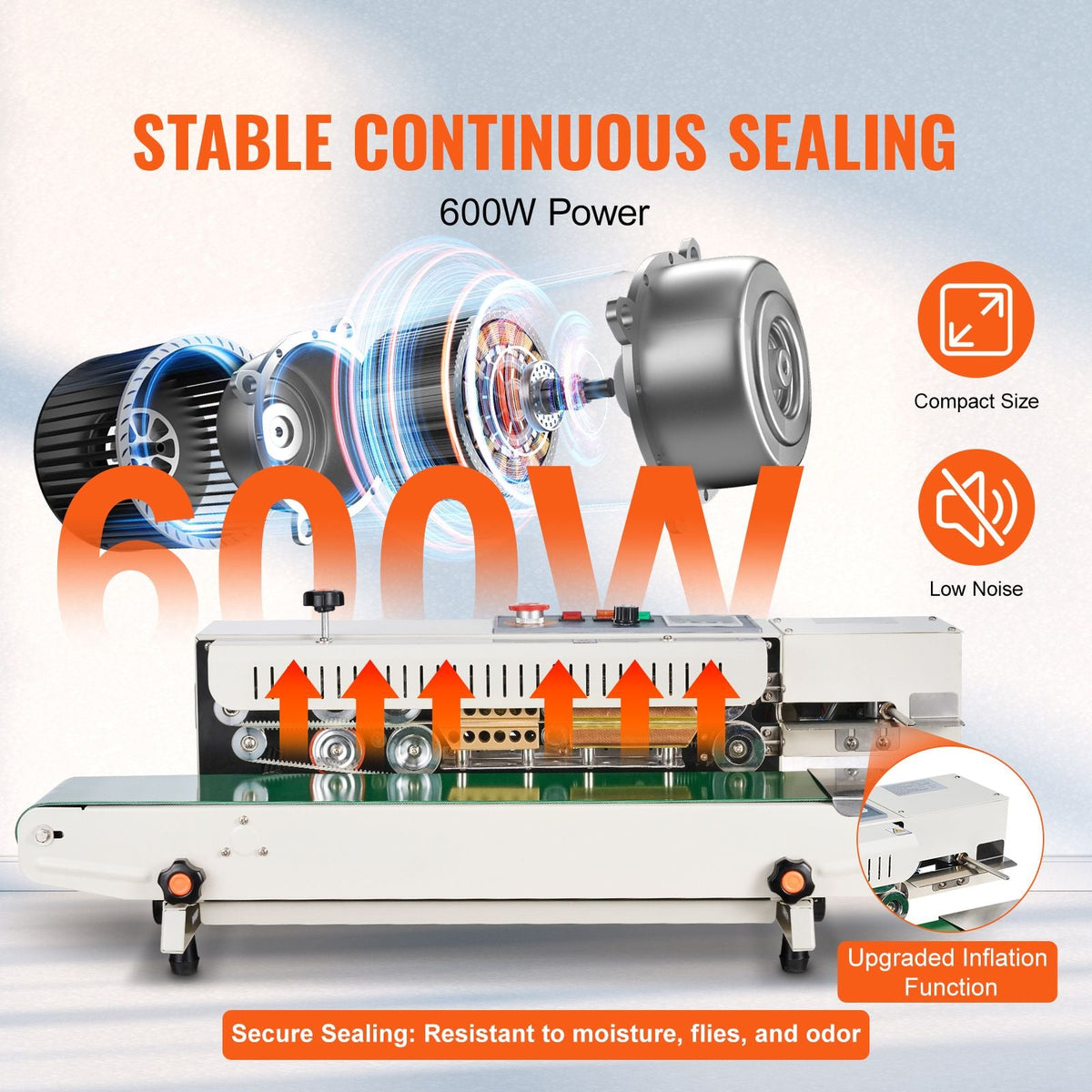 Continuous Bag Band Sealing Machine, 0.24-0.47 in/6-12 mm Seal Width, Horizontal Band Sealer Machine with Digital Temperature Control, Bag Sealer for 0.02-0.8 mm Plastic Bags, Inflation Function