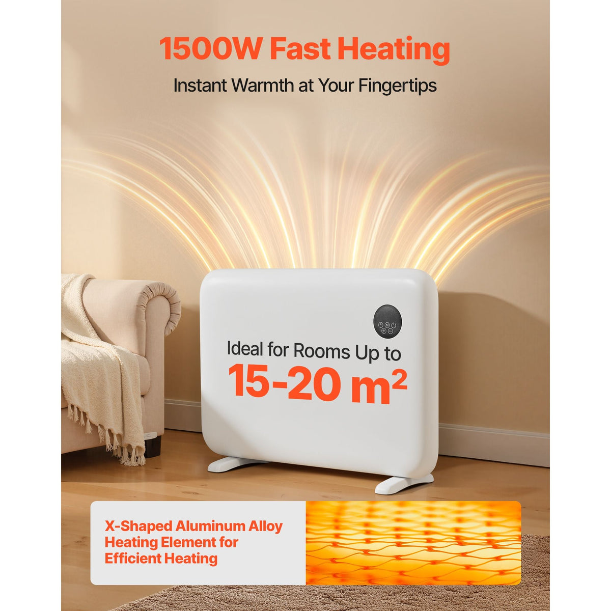 Convection Panel Heater, 1500W Electric Panel Space Heater with Remote & Touch Control, Portable Stand or Wall Mount Design with Anti-Tipping and Overheat Protection for Home and Office, White