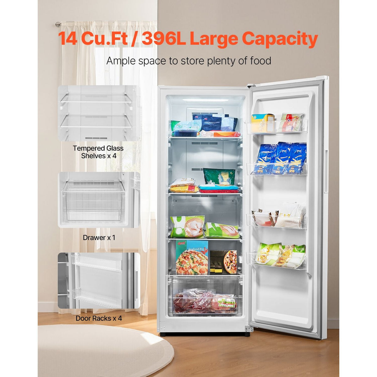 Convertible Freezer/Refrigerator, 14 Cu.Ft Frost Free Upright Freezer with Temp Control Panel, Door Open too Long Alarm, Adjustable Shelves and LED, Standing Fridge for Kitchen, Office, Garage