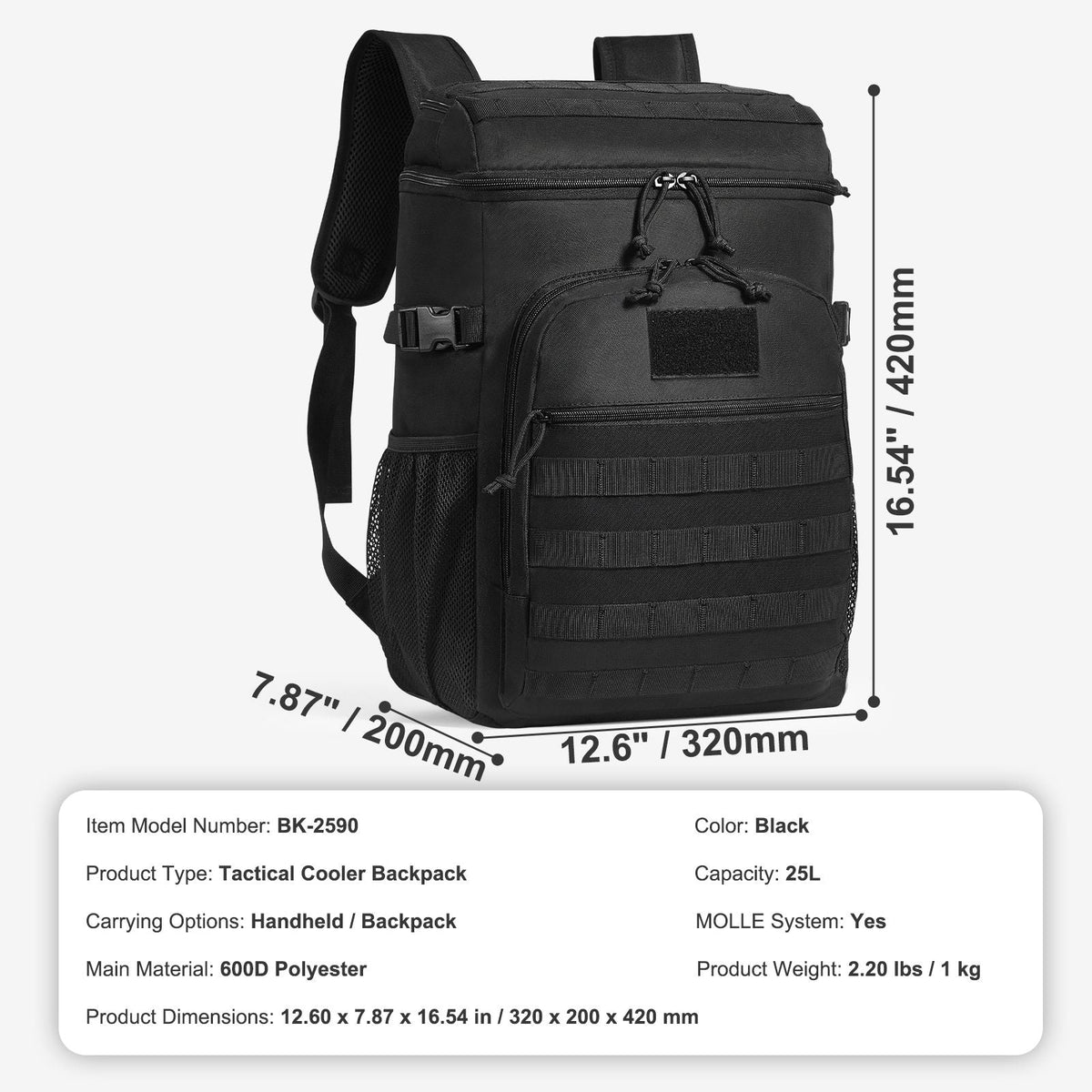 Cooler Bag, 25L Insulated Lunch Bag with Molle Design and Multi-pocket, 600D Cooler Lunch Box with Removable Storage Bags, Soft Cooler for Office, Picnic, Hiking, Beach or Beverage, Black