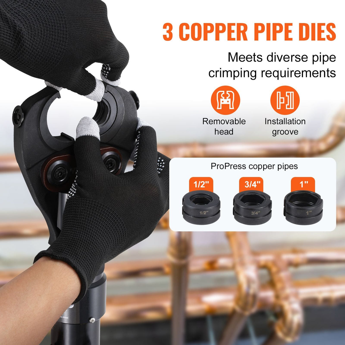 Copper Pipe Crimping Tool, Hydraulic Driven Press Tool with 1/2", 3/4", 1" Jaws, Copper Tube Fittings Pipe Crimpers for Narrow Spaces and Tee Fittings
