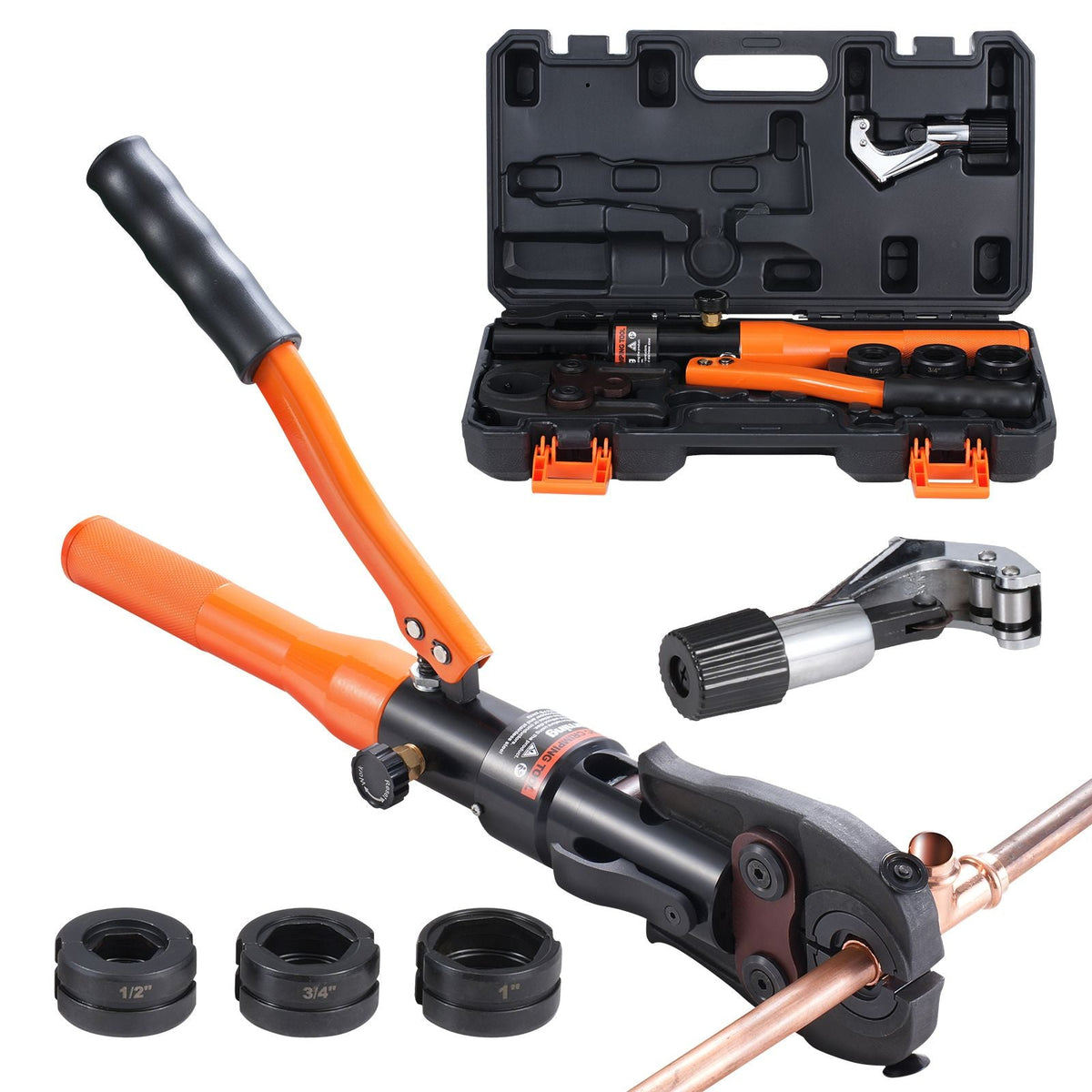 Copper Pipe Crimping Tool, Hydraulic Driven Press Tool with 1/2", 3/4", 1" Jaws, Copper Tube Fittings Pipe Crimpers for Narrow Spaces and Tee Fittings