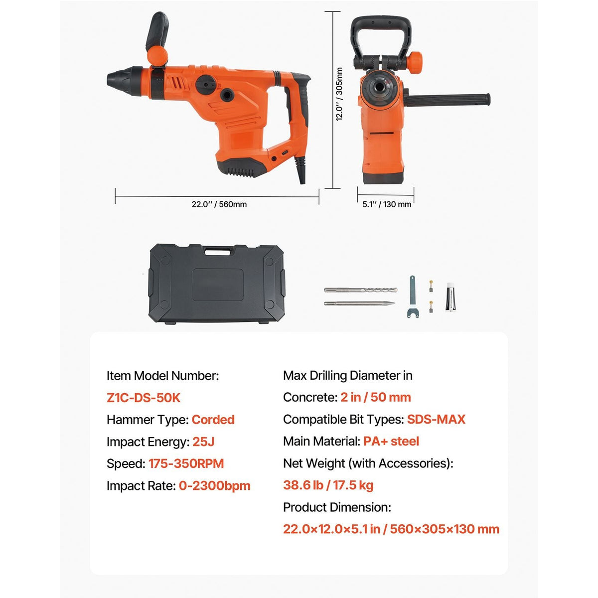 Corded Hammer Drill, 1600W 175-350RPM Electric Demolition Drills, 2-Inch SDS-Max Rotary Hammer Driver, 3 Functions Chipping Power Tool Kit for Concrete, Drilling Wood Plastic