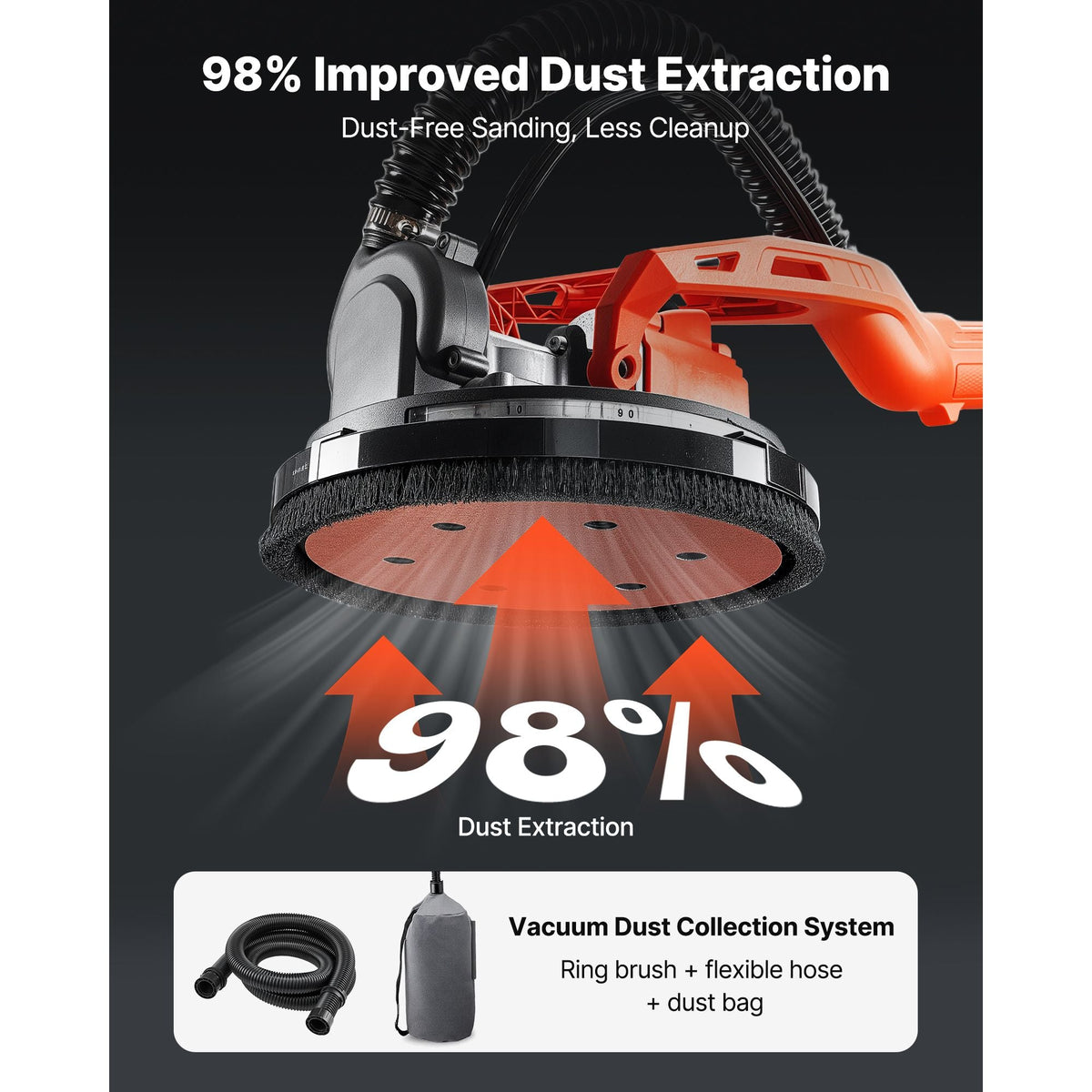 Cordless Drywall Sander, 450W Electric Sander, Popcorn Ceiling Removal Tool with Vacuum Dust Collection, 7 Variable Speed 0-1600 RPM, LED Light, Foldable & Extendable Handle, 15 Sanding Discs