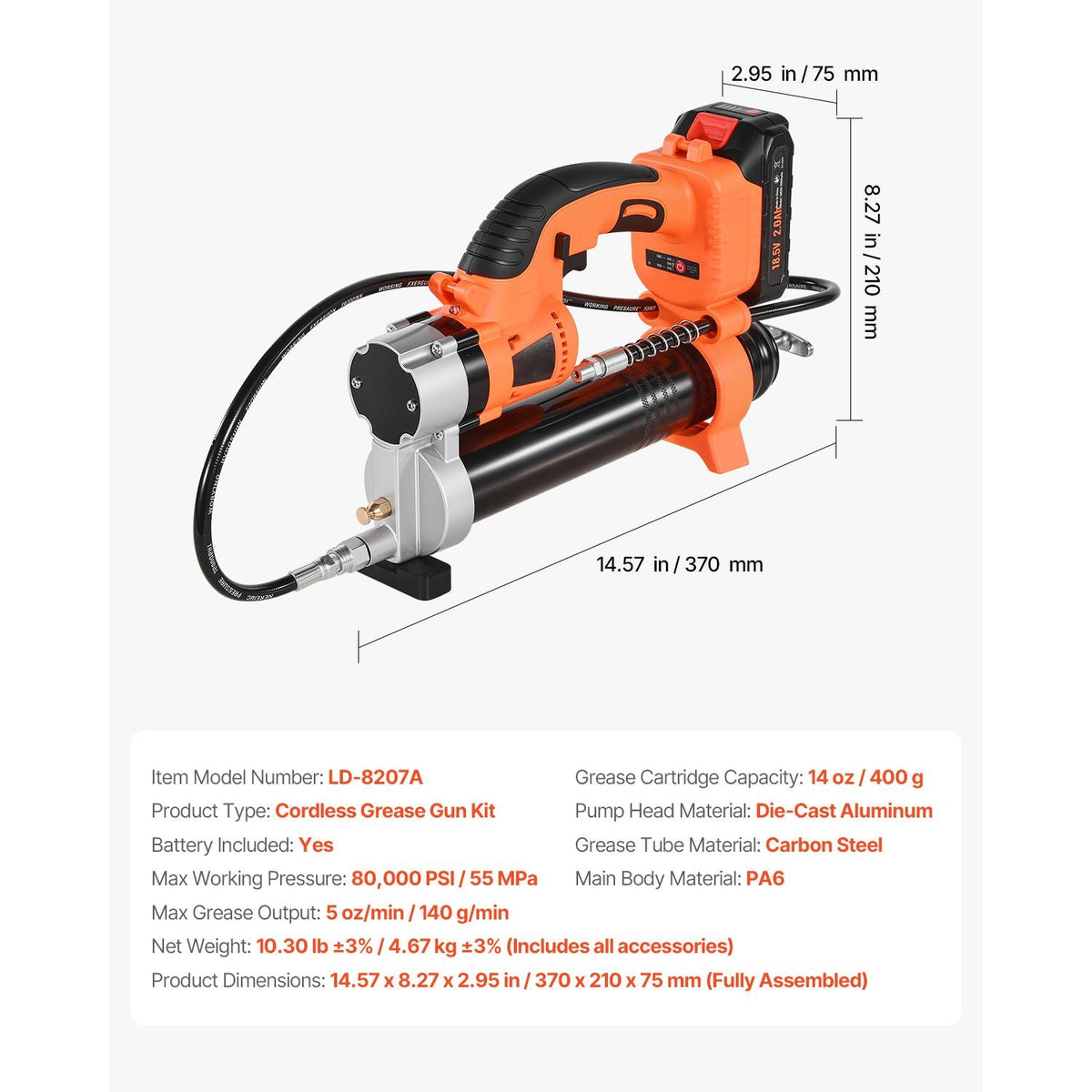 Cordless Grease Gun, 8000 PSI Max Pressure, 20V Electric Grease Gun with 2.0 Ah Battery & LED Light, 30-inch Long Hose & Carrying Case, Variable Speed Triggers, Vehicles or Machines Greasing