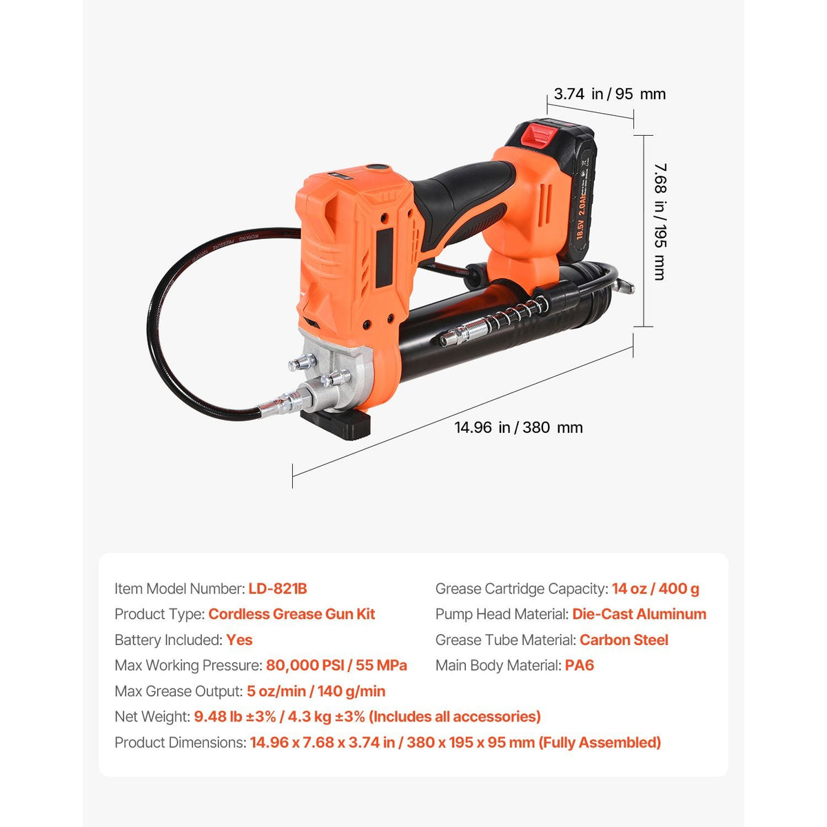 Cordless Grease Gun, 8000 PSI Max Pressure, 20V Electric Grease Gun with 2.0 Ah Battery & LED Light, 35.4-inch Long Hose & Carrying Case, Variable Speed Triggers, Vehicles or Machines Greasing