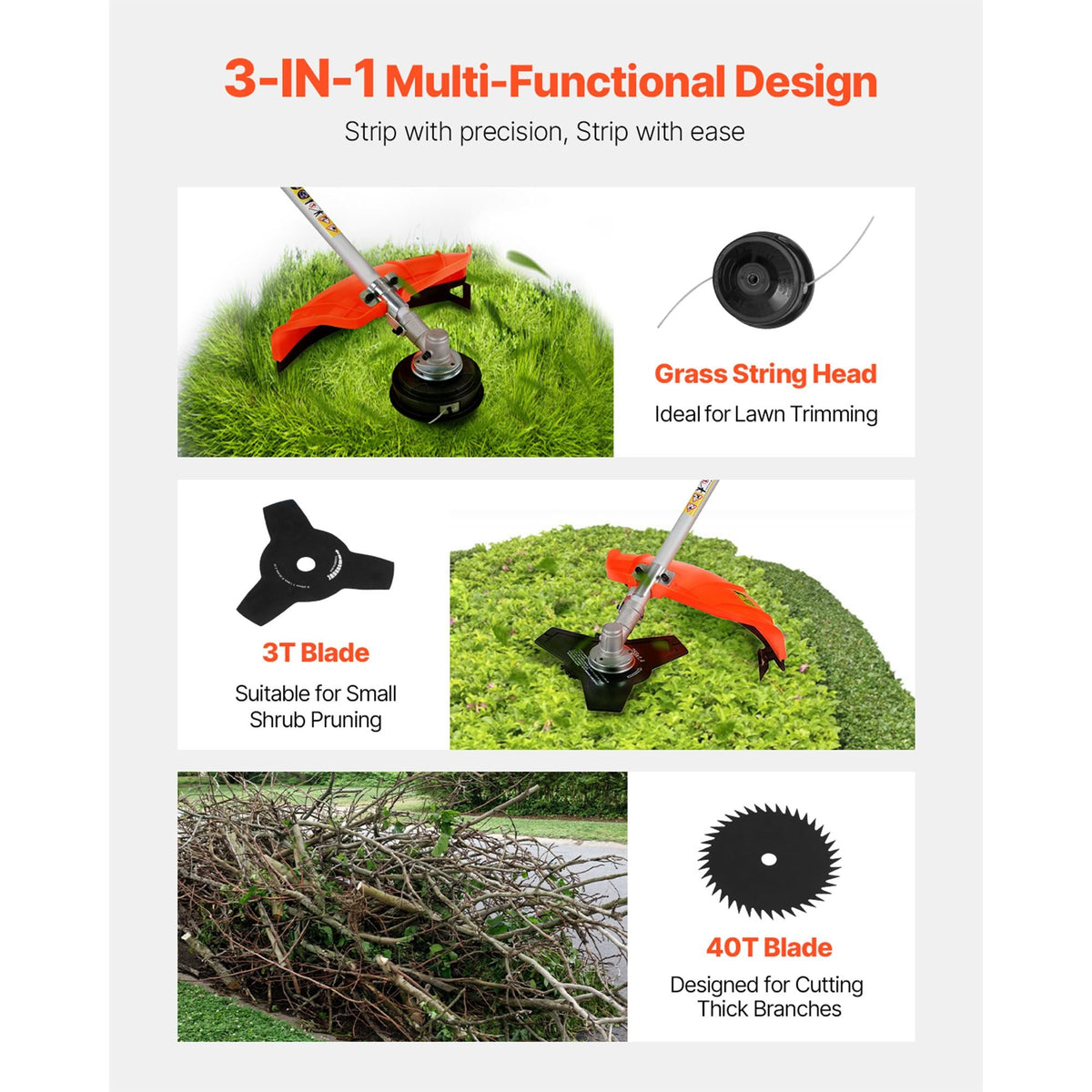 Cordless String Trimmer, 43 cc 2-Stroke, Gas Powered Weed Wacker, 17" Cordless Grass Trimmer, Multi-Functional Lawn Edger with Shoulder Strap & 3T Blade, Weed Eater for Quick Grass Cleaning