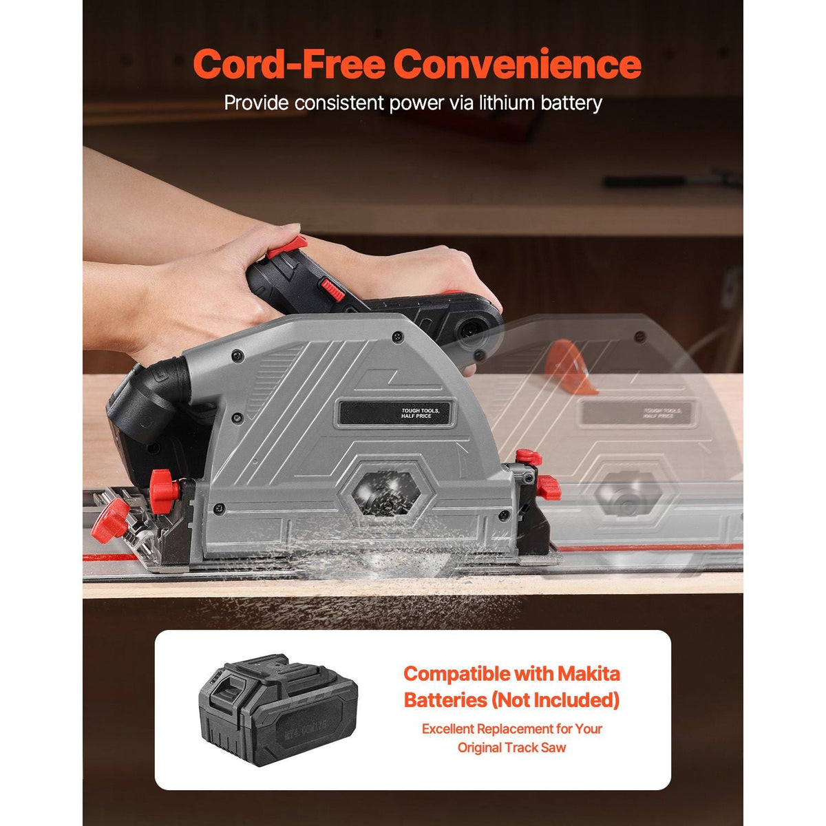 Cordless Track Saw, 5-1/2 in Blade, Brushless Plunge Circular Saw Kit, Tracksaw with Hard Case, 2.05 in Cutting Depth, for Wood, Plastic, Metal, Compatible with Makita Batteries (Tool Only)