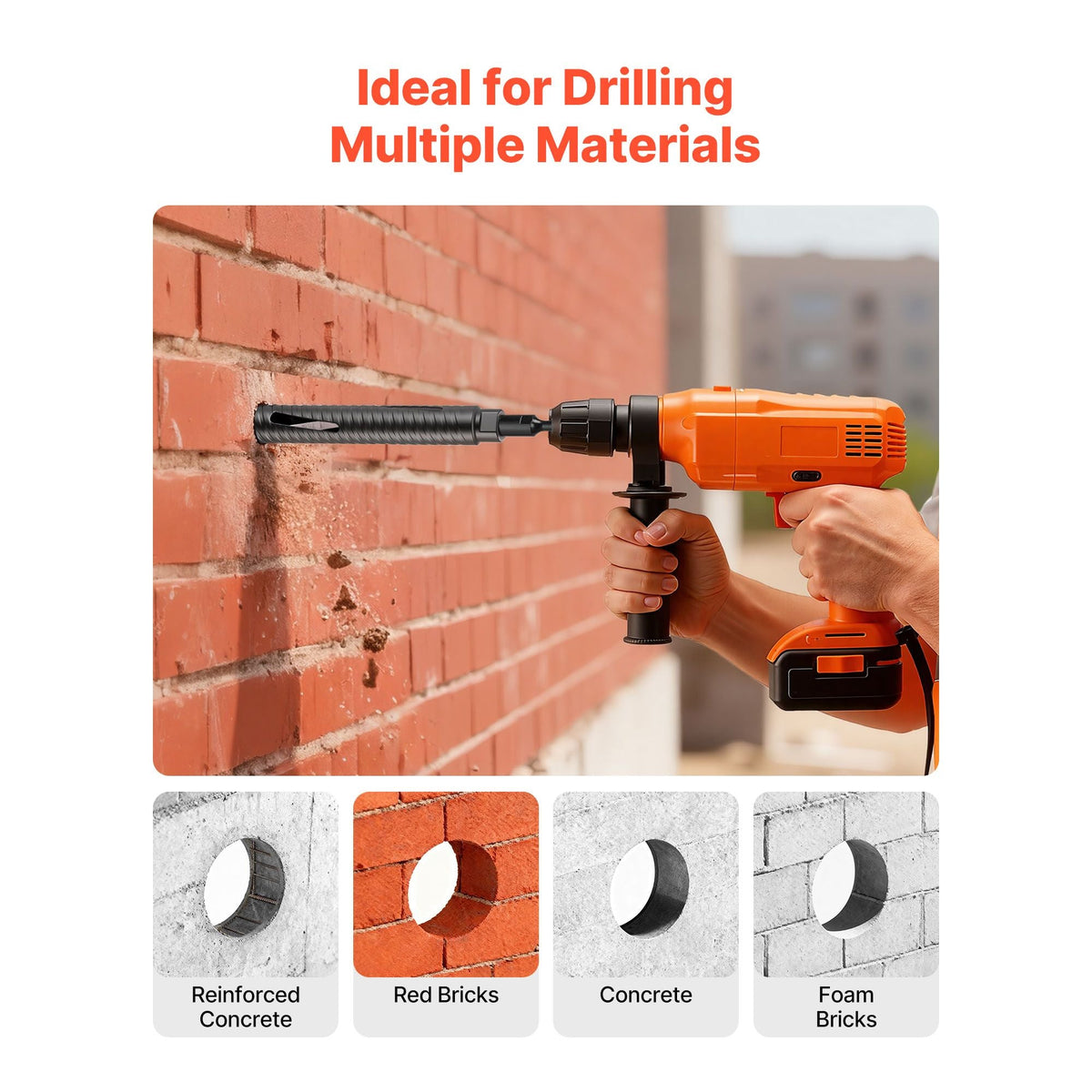 Core Drill Bit, 1-1/2 inch Diameter, 9-1/2 inch Drilling Depth, 5/8-11 Internal Thread, Diamond Dry Coring Bit with 3 Adapters, Pilot Drill and Hex Wrench, for Concrete, Red Bricks, and Masonry