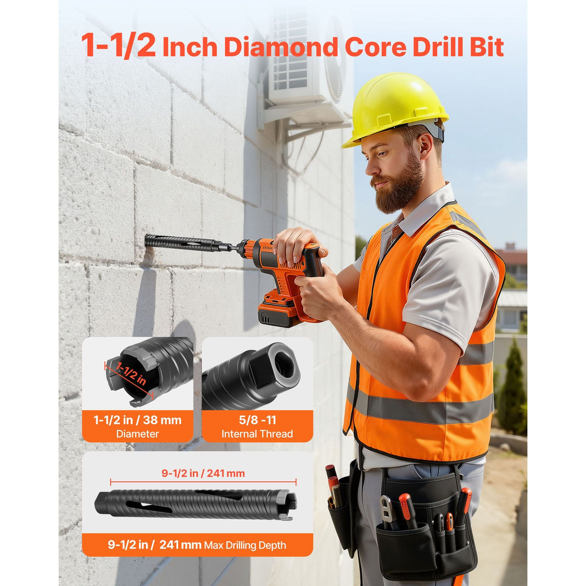 Core Drill Bit, 1-1/2 inch Diameter, 9-1/2 inch Drilling Depth, 5/8-11 Internal Thread, Diamond Dry Coring Bit with 3 Adapters, Pilot Drill and Hex Wrench, for Concrete, Red Bricks, and Masonry