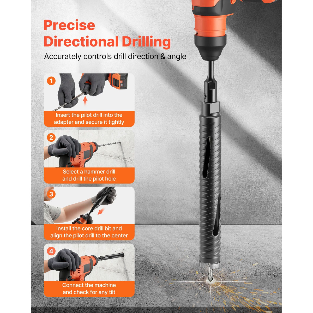 Core Drill Bit, 1-1/2 inch Diameter, 9-1/2 inch Drilling Depth, 5/8-11 Internal Thread, Diamond Dry Coring Bit with 3 Adapters, Pilot Drill and Hex Wrench, for Concrete, Red Bricks, and Masonry