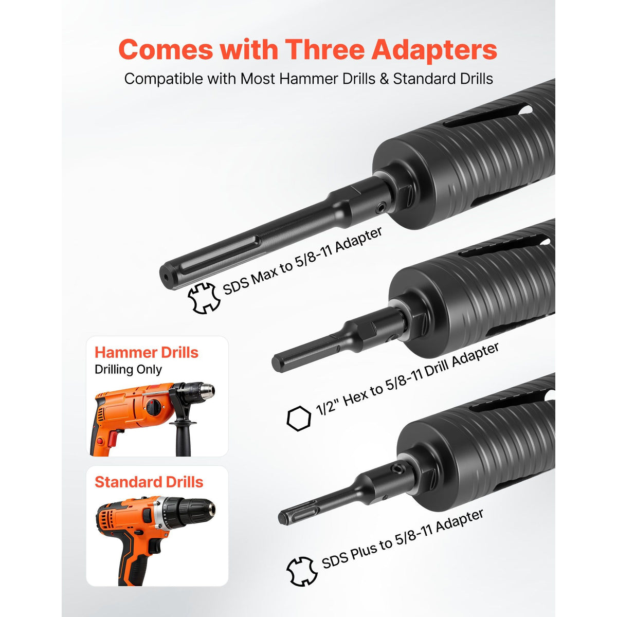 Core Drill Bit, 2-1/2 inch Diameter, 9-1/2 inch Drilling Depth, 5/8-11 Internal Thread, Diamond Dry Coring Bit with 3 Adapters, Pilot Drill and Hex Wrench, for Concrete, Red Bricks, and Masonry